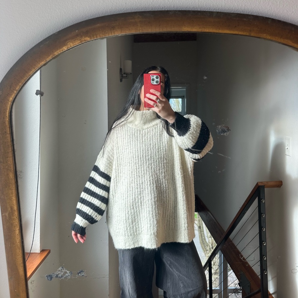 Urban Outfitters Cream Oversized Cowl Sweater with Black Striped Sleeves